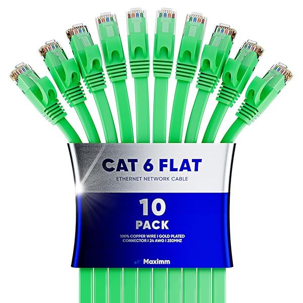 Cat6 Ethernet Cable 20ft 10-Pack - Flat High-Speed Network Cables for Gaming, Streaming, PC, PS5, Xbox - Durable & Space-Saving
