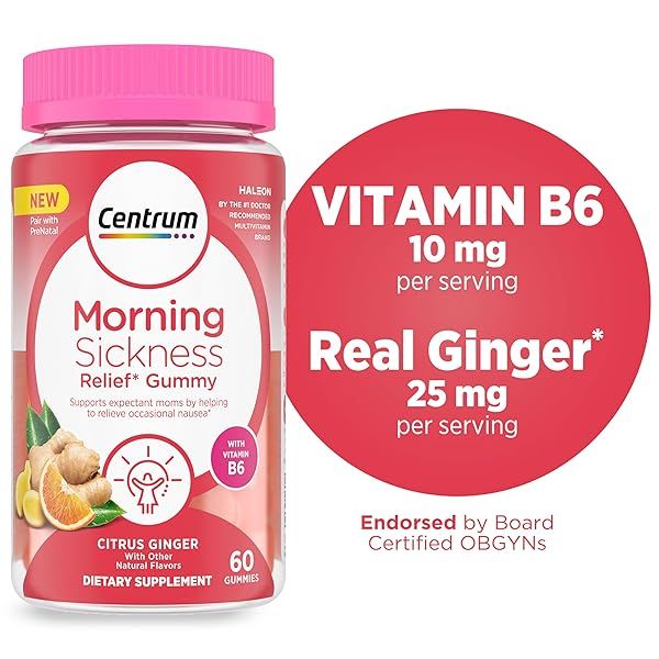 Centrum Morning Sickness Relief Gummies - Citrus Ginger Flavor, 60 Count for Up to 60 Days of Comfort