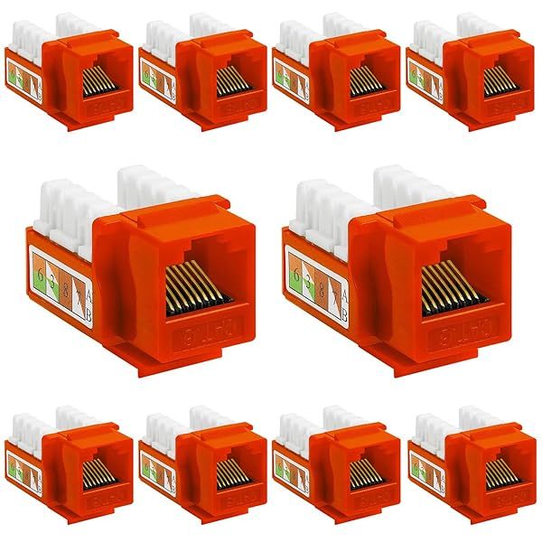 Cmple 10 Pack Cat6 Keystone Jack Inserts - 90 Degree RJ45 Connectors for Wall Plates & Patch Panels - Orange