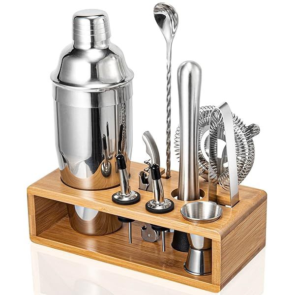 10-Piece Cocktail Shaker Set with Bamboo Stand | Complete Mixology Bartender Kit for Home Bar Enthusiasts