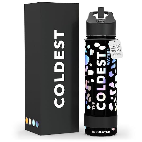 Coldest Sports Water Bottle 24 oz - Leak Proof, Vacuum Insulated, Double Walled, Straw Lid - Moonlight Leopard Design