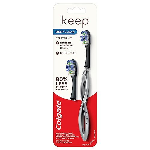 Colgate Keep Soft Manual Toothbrush for Adults - 2 Deep Clean Floss-Tip Brush Heads, Silver