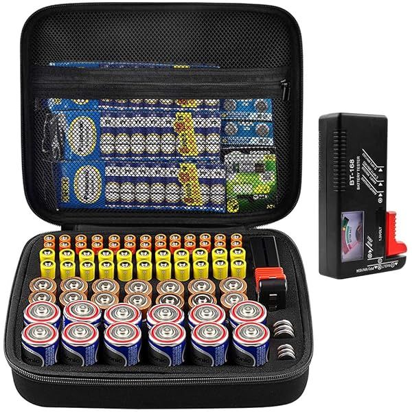 Comecase Hard Battery Organizer Bag - Holds 80 AA AAA C D Batteries & Includes BT-168 Tester - Durable Storage Solution