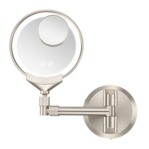 Conair Lighted Wall Mount Makeup Mirror: LED Vanity with 1X/5X/10X Magnification & Rechargeable Satin Nickel Design