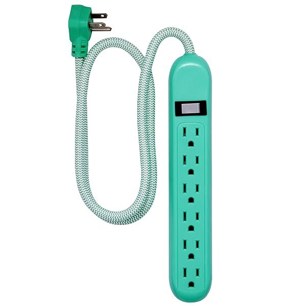 6-Outlet Surge Protector with Flat Plug & Braided Cord - Tangle-Free Power Strip, Wall Mount, Mint Color, 3 ft Cord, Warranty Included