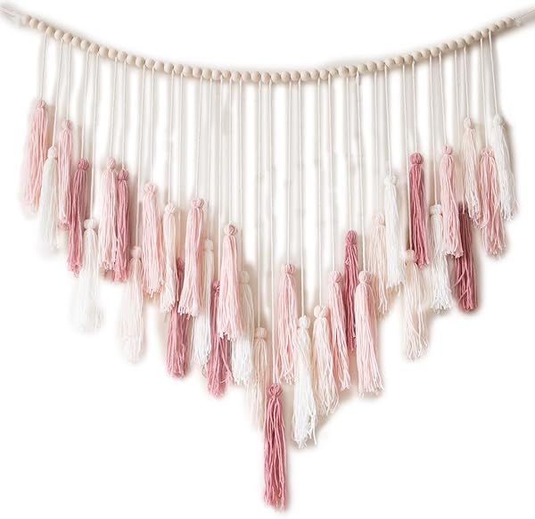 Decocove Large Macrame Wall Hanging with Wood Beads - Bohemian Blush Pink Decor for Bedroom, Living Room & Kitchen (35'' x 36'')