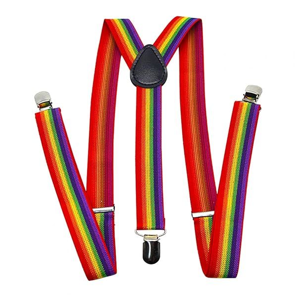 Denpetec Adjustable Y-Back Suspenders for Men & Women - Rainbow Elastic with Strong Metal Clips