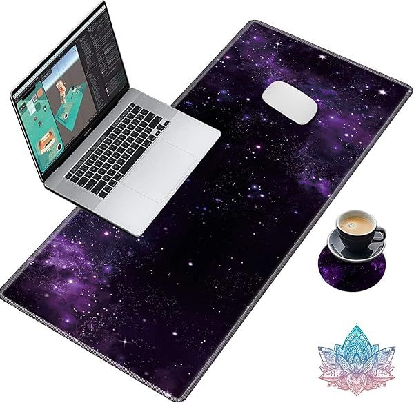 XXL Gaming Mouse Pad & Desk Pad with Cute Coasters - Non-Slip, Stitched Edges, Purple Galaxy Design for Home & Office
