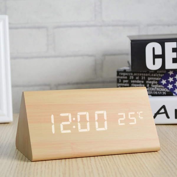 Triangle Wooden Digital Alarm Clock with LED Display - 3 Alarms, 4 Brightness Levels & Temperature - Perfect Bedroom Decor