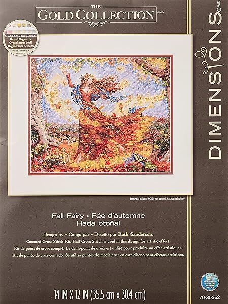 Dimensions Advanced Counted Cross Stitch Kit - Fall Fairy on 16 Count Dove Grey Aida, 14'' x 12'', Gold Accents