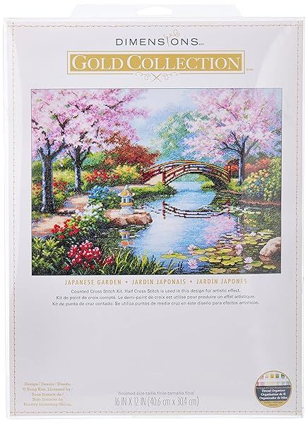 Dimensions Gold Collection Cross Stitch Kit: Japanese Flower Garden on 16 Count Light Blue Aida (12'' x 16'')