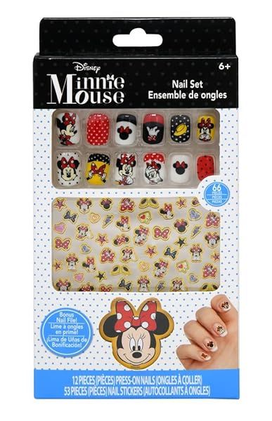 Disney Minnie Mouse Press On Nail Set for Kids - 66 Pieces of Fun Fake Nails & Stickers for Makeover Playdates & Sleepovers