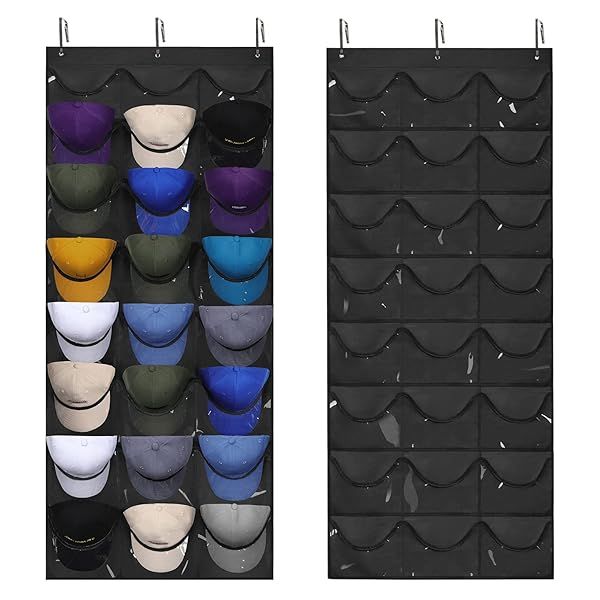 Maximize Space with Dofilachy Hat Organizer Racks: 24 Deep Pockets & 3 Hooks for Baseball Caps on Wall or Door