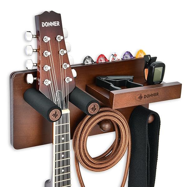 Donner Guitar Wall Mount Shelf: Hanger with Storage, Pick Holder & Hooks for Electric, Acoustic & Bass Guitars