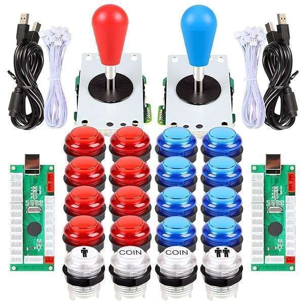 EG STARTS 2 Player Arcade DIY Kit: Oval Joystick Handles & 20 LED Arcade Buttons (Red & Blue)