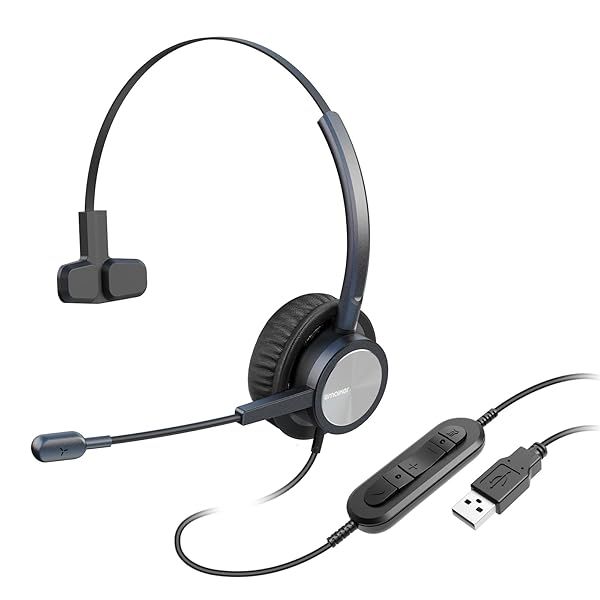 EMAIKER USB-A One Ear Headset with Noise-Canceling Mic for PC, Zoom, Teams & Call Center - Perfect for Office & Telework