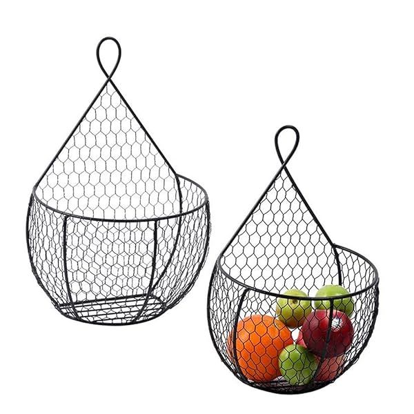 ERYTLLY Wall-Mounted Metal Fruit & Vegetable Baskets - Set of 2 Black Wire Storage for Kitchen & Home Decor