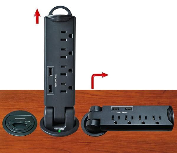 Electriduct Desktop Pull-Up PowerTap Grommet: Surge Protector & 2.4A USB Charger (Black) for Efficient Power Access