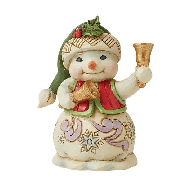 Enesco Jim Shore Heartwood Creek Snowman Figurine - 3.54 Inch Miniature with Bells, Colorful Holiday Decor