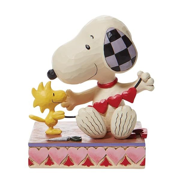 Enesco Peanuts Collection by Jim Shore Woodstock and Snoopy with Heart Garland Figurine- Stone Resin Hand Crafted Painted Collectible Peanuts Snoopy Figurines Home Decor Statue, 4.5 Inch