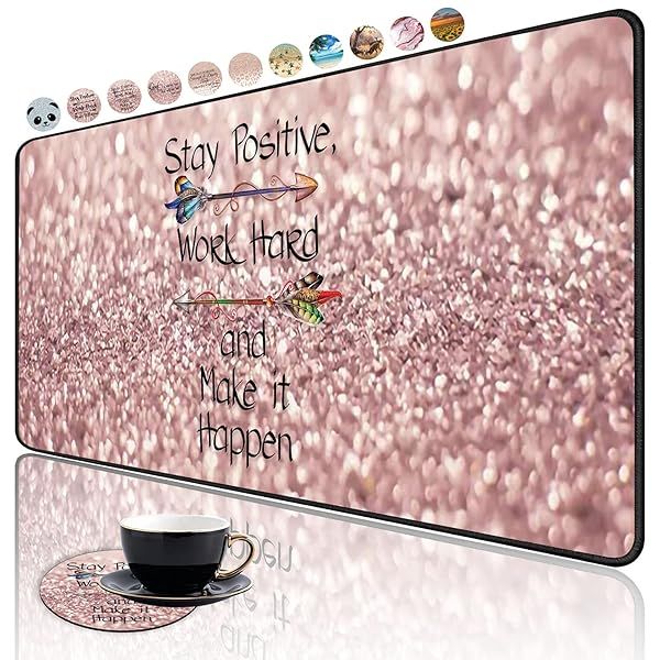 Large Extended Gaming Mouse Pad with Non-Slip Base & Cup Coaster - Stay Positive, Work Hard in Rose Gold