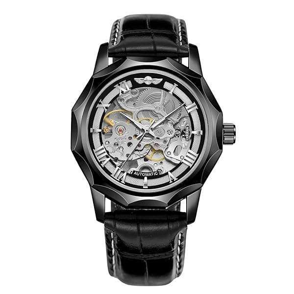 FOR SINING Men's Automatic Skeleton Watch - Dodecagon Tourbillon with Leather Band (Black)