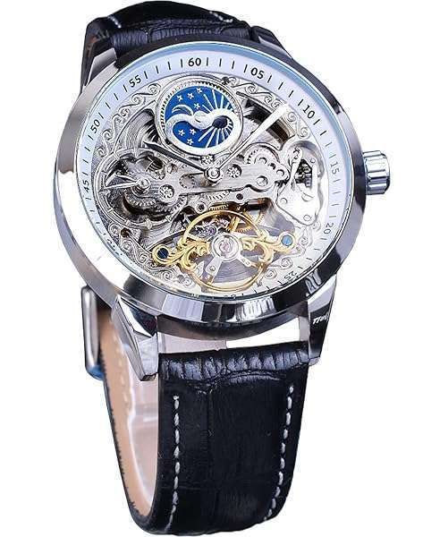 FOR SINING Men's Luxury Skeleton Moon Phase Tourbillon Watch - Automatic Dual Time Zone, Leather Strap, Large Dial