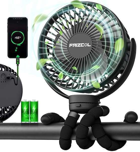 FRIZCOL Portable Stroller Fan: 65H Battery, Power Bank, Flexible Tripod & Clip-On for Baby Car Seats & Personal Use