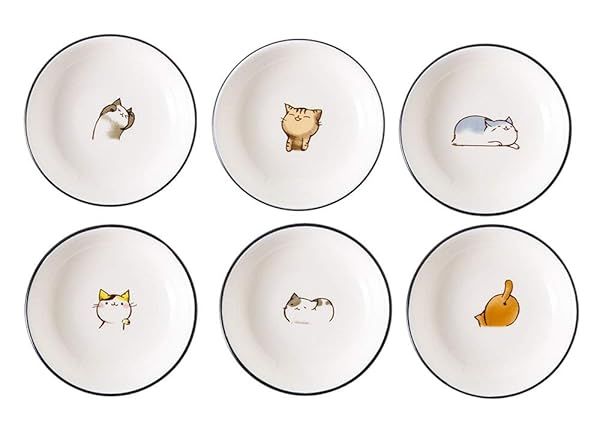 FUYU 6pcs Cute Cat Ceramic Sauce Dishes - Perfect for Sushi, Dipping & Appetizers