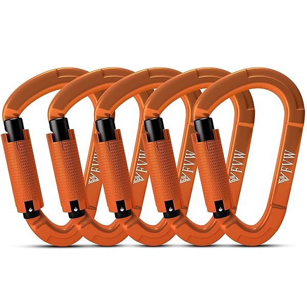 FVW 5-Piece Heavy Duty Climbing Carabiners - 25KN Auto Locking for Hammocks, Camping & Hiking (Orange)