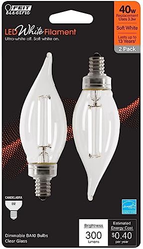 Feit Electric Soft White Flame Tip LED Bulbs - 2 Pack, 3.3W, E12 Base, 2700K, 300 Lumen, 15000 Hour Life