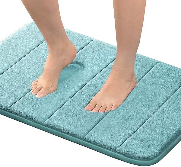 Flamingo P Memory Foam Bath Mat Rug - Soft, Non-Slip, Absorbent & Machine Washable - Aqua Green 24x17 Inches for Bathroom & Shower
