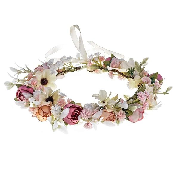 Floral Fall Camellia Flower Crown & Rose Headpiece for Weddings | Pink Halo with Baby's Breath for Bridal & Maternity Photos