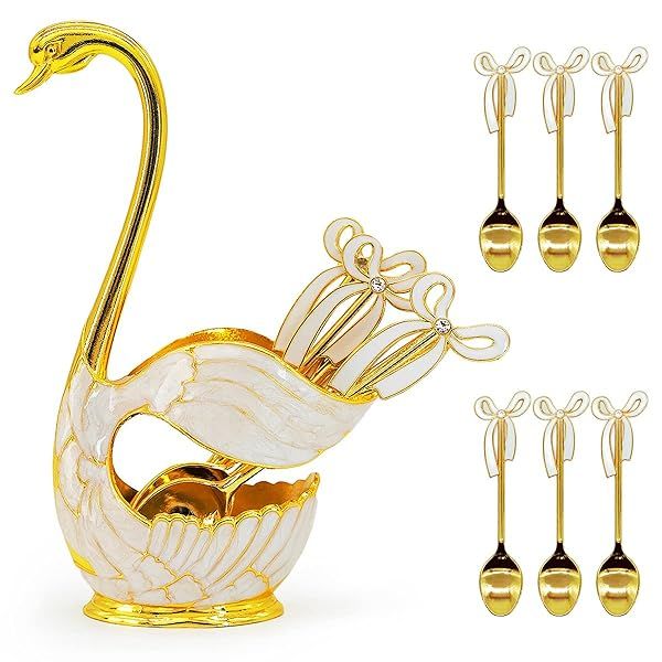 Flylin Gold Coffee Dessert Spoon Set with Swan Base Holder & 6 Ice Cream Teaspoons - Elegant Flatware Organizer