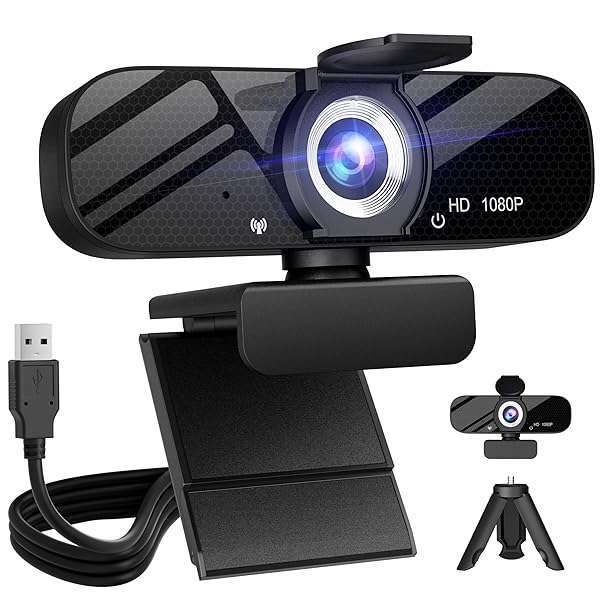 Full HD 1080P Webcam with Microphone & Tripod - Wide Angle, Privacy Cover for PC & Laptop