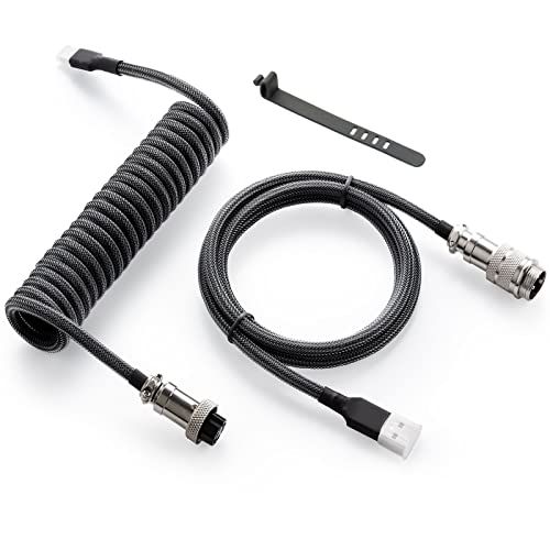 Custom Coiled USB C Cable for Gaming Keyboards - GUNMJO 1.5M Double-Sleeved with Detachable Metal Aviator, Carbon Black