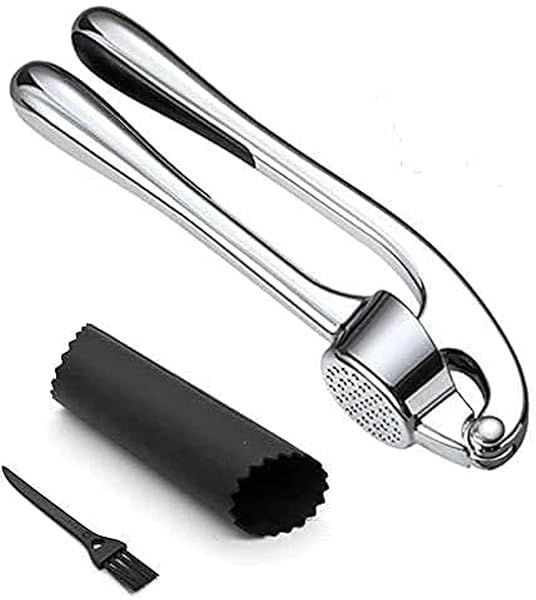 Lechay Stainless Steel Garlic Press Set: 3-Piece Tool with Cleaning Brush & Silicone Peeler for Effortless Garlic Prep