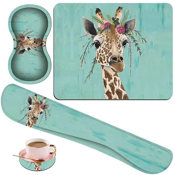 Ergonomic 4-Piece Gorzzt Keyboard & Mouse Pad Set: Green Rustic Wood & Giraffe Design for Gaming & Office Comfort