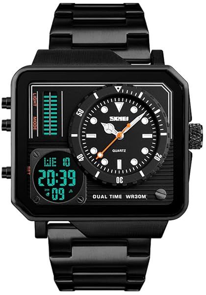 Shop Gosasa Men's Large Face Stainless Steel Digital Sports Watch - Waterproof LED Analog Quartz with Multi-Time Zone Stopwatch