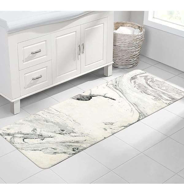 HAOCOO 20x59 Inch Gray Marble Bath Mat - Soft, Non-Slip, Machine Washable Runner Rug for Modern Bathroom Decor