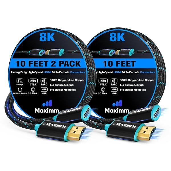 10ft HDMI Extension Cable Male to Female (2 Pack) - 8K/10K Ultra HD, High-Speed, 50Gbps, HDCP, ARC, 3D Compatible
