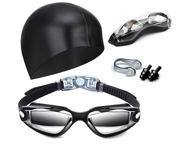 Leak-Proof Hurdilen Swim Goggles with Nose Clip, Earplugs, Swim Cap & Case for Men & Women