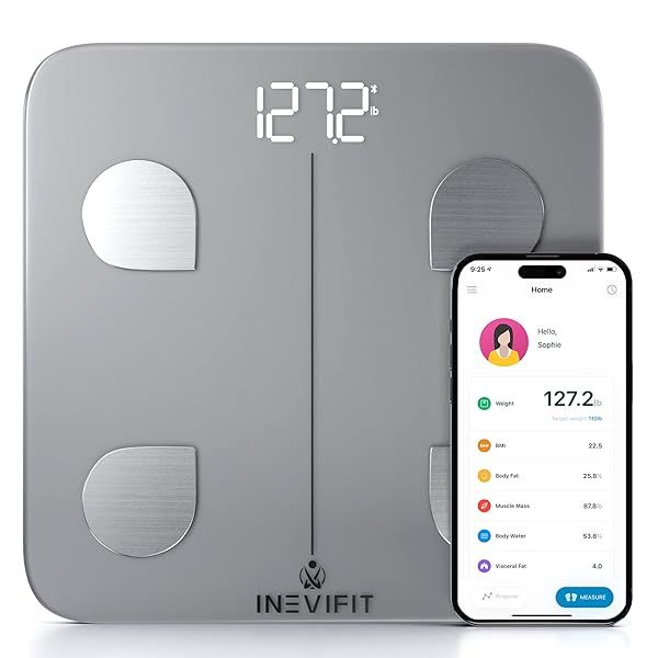 INEVIFIT Smart Body Fat Scale: Accurate Bluetooth Analyzer for Weight, Body Fat, Muscle & More - Unlimited Users (Silver)