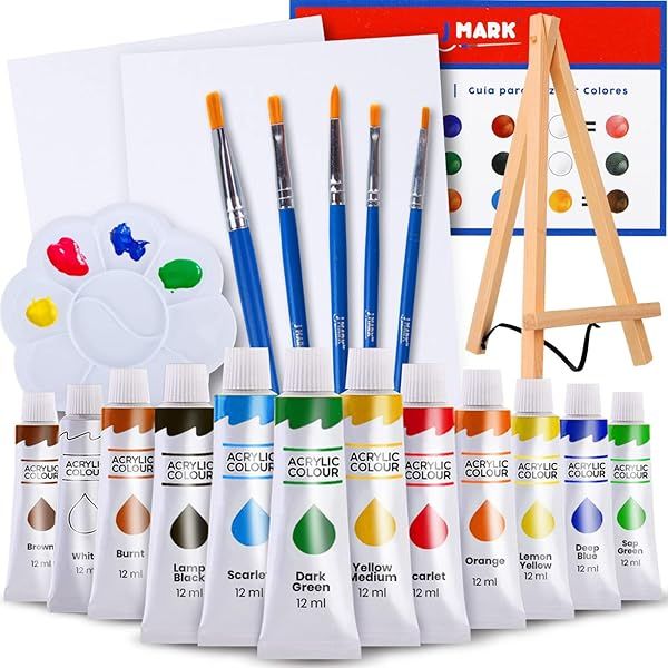 J MARK Painting Kit: Complete Acrylic Paint Set with Canvases, Brushes & Palette for Artists