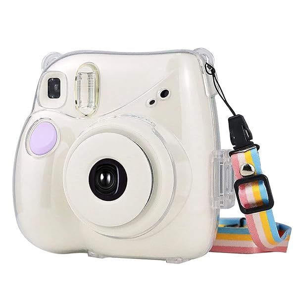 JINSERTA Transparent Crystal Camera Case for Fujifilm Instax Mini 7+ | Clear Hard Case with Adjustable Rainbow Strap