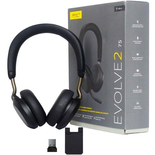 Jabra Evolve2 75 MS Wireless Headphones: Zoom, Teams & Webex Compatible, 25-Hour Battery, USB-A Dongle, Global Support