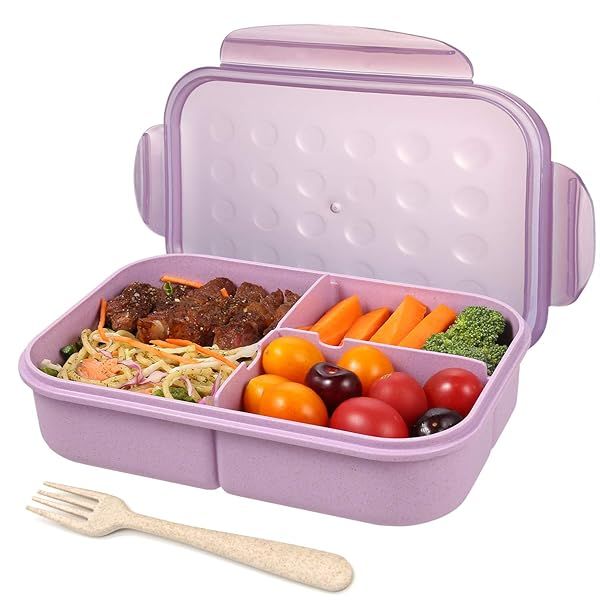 Jeopace Bento Box: Leak-Proof 3-Compartment Lunch Container for Adults & Kids - Microwave Safe with Flatware (Purple)