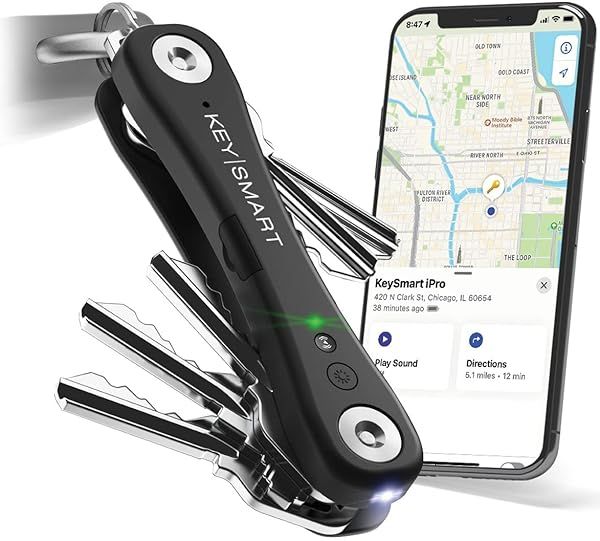KeySmart iPro: Trackable Keychain Holder with Apple Find My, LED Flashlight & Compact Design for Up to 14 Keys - Black