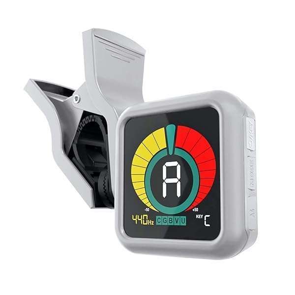 KLIQ UberTuner: Professional Clip-On Tuner for Guitar, Ukulele, Violin & More - Multi-Key Modes in White