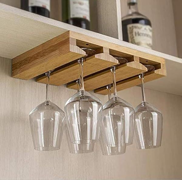 Kework Bamboo Wine Glass Holder: 6-Glass Under Cabinet Stemware Rack & Organizer